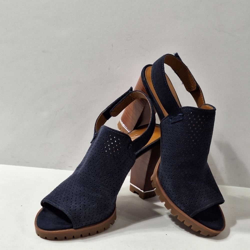 Franco Sarto Navy Blue Suede Austin Boho Slingback Platform Heel Sandals Sz 6.5